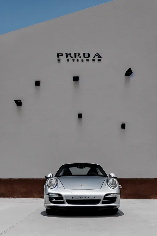 Prompt: Photo of a silver Porsche 911 Carrera 3.2 parked in front of a Prada Store in the desert, daylight, award winning, high resolution, well composed, cinematic.