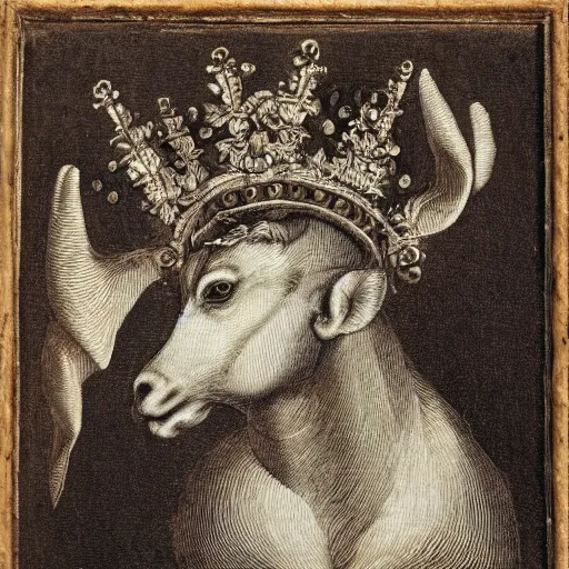 Prompt: renaissance style portrait of a rupicapra rupicapra wearing a crown and a cape, dark background