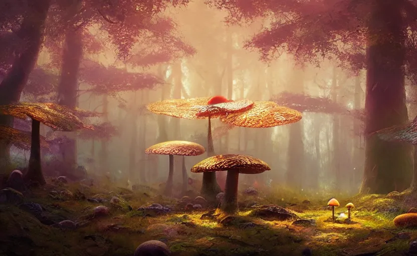 Image similar to a glowing mushroom in a magical forest, painting by craig mullins, octane rendering, soft morning lighting, wide angle lens, in the style of hayao miyazaki, trending on artstation,