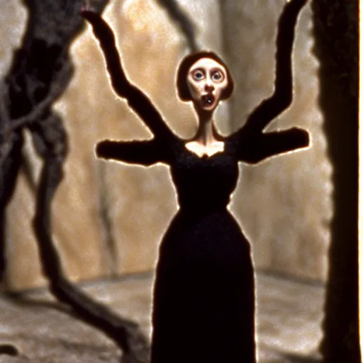 Prompt: claymation jacinda arden, fully - clothed, by jan svankmajer, hyperrealistic, very detailed, tim burton, 3 5 mm film still, gothic, horror, eldritch