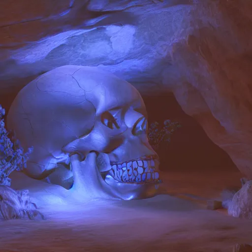 Image similar to a large translucent skull blocking the entrance to a cave emanating a blue glow, subsurface scattering, volumetric lighting, rendered in unreal engine, 3 d volumetric light, caustic reflection, adventure mystery cave