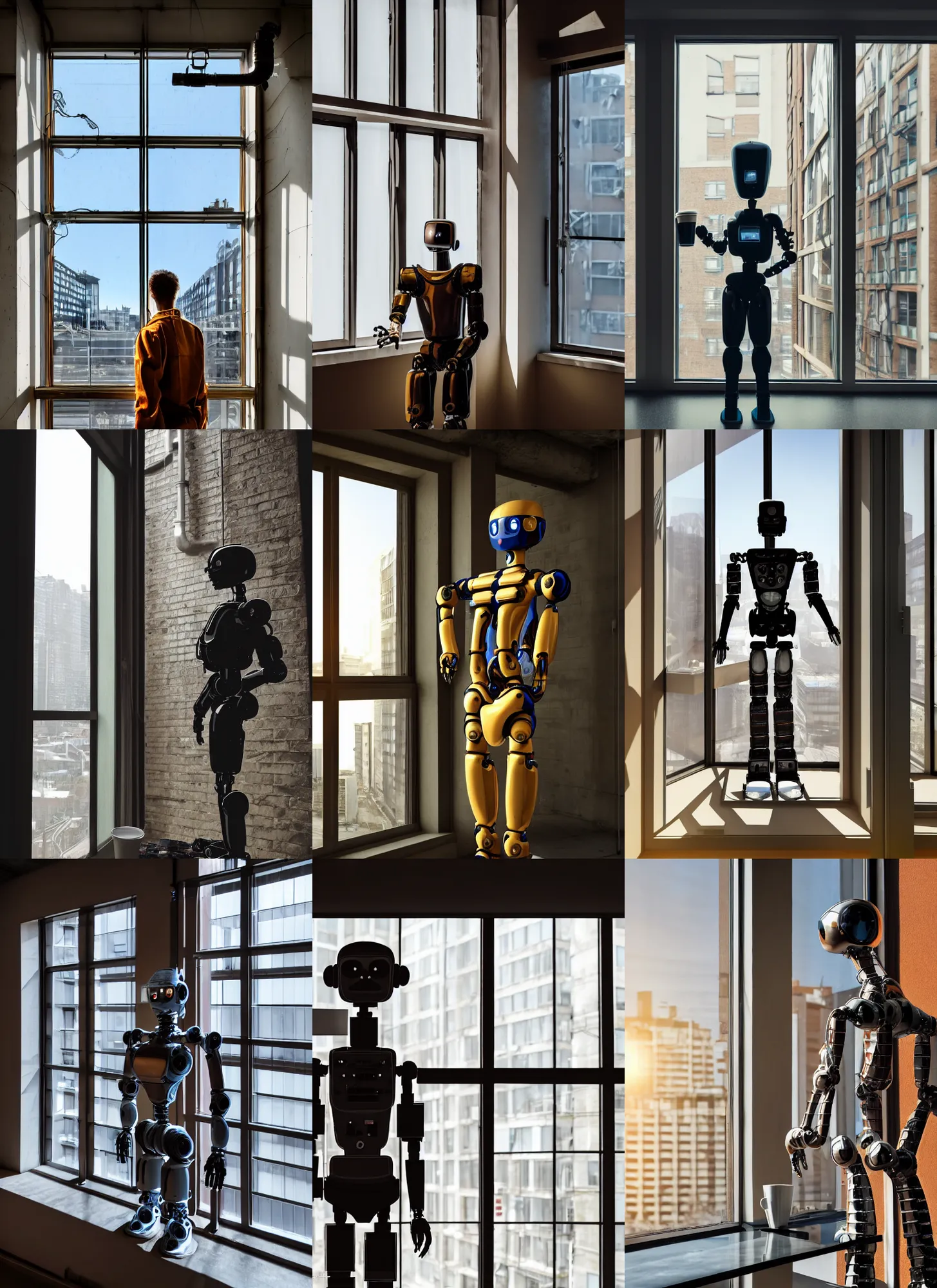 Prompt: Industrial style humanoid robot wearing human clothes, drinking a cup of coffee, standing in front of his apartment window looking outside, global illumination, radiant light, detailed and intricate environment