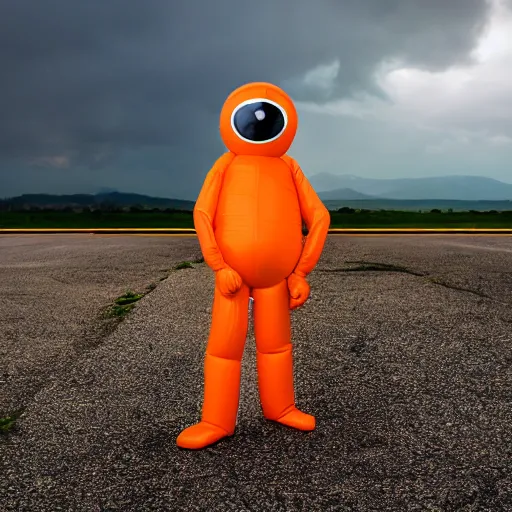 Prompt: a single striding slender figurine of a giant inflated hazmat suit wearing man with long bendy arms and legs, googly eyes, tareme eyes, small head, personification, dynamic pose, detailed product photo, tone mapped, beautiful composition, orange misty uplight, 8 5 mm, f 5. 8