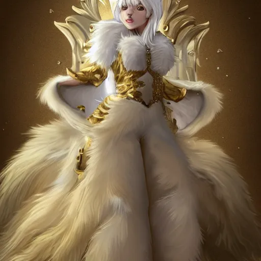 Image similar to commissioned full body portrait of a female anthropomorphic furry wolf princess fursona with white hair wearing a white and gold armored dress in a white and gold palace, by Wlop and jerry park, artstation, extremely detailed