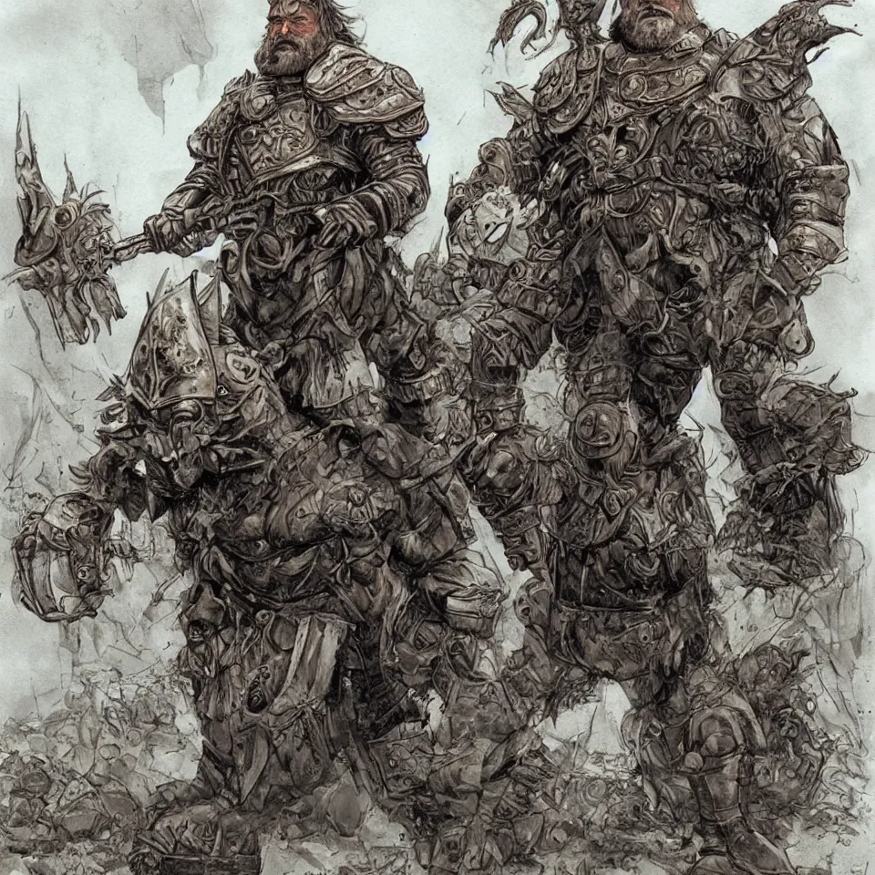 Image similar to Brian Blessed, as a barbrian in leather armor, in a wasteland, walking towards us, in Travis Charest style