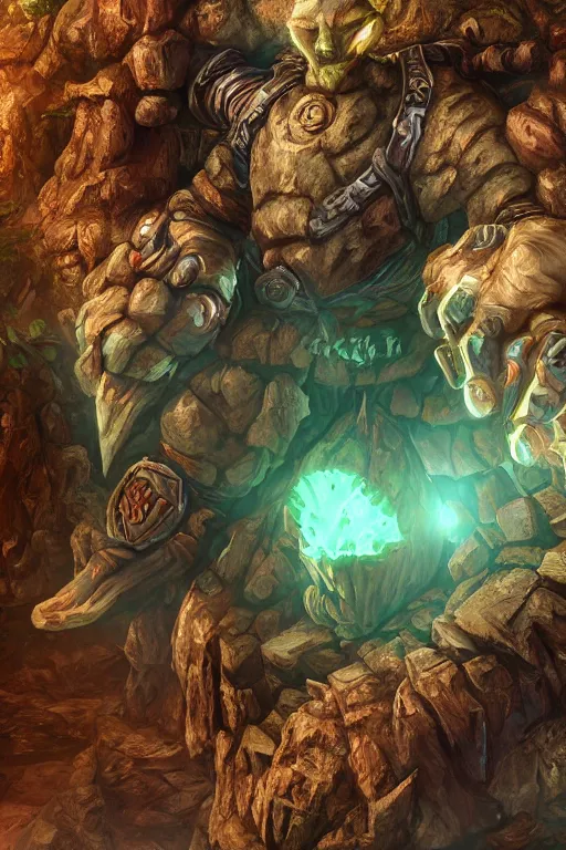 Image similar to zelda fantasy art giant golem troll wood rock greeble gemstone, global illumination ray tracing hdr fanart arstation by sung choi and eric pfeiffer and gabriel garza and casper konefal