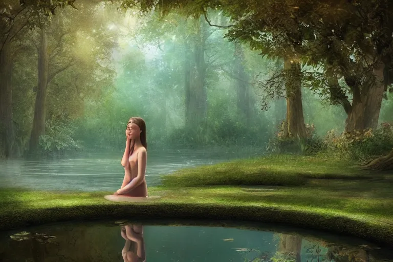 Prompt: beautiful woman staring at her reflection on a pond in a secret forest, very detailed, hyper realistic, matte painting, trending on artstation and deviantart