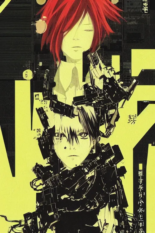 Prompt: professionally drawn seinen mature cyberpunk detective horror action manga comic cover, full color, beautifully drawn coherent professional, drawn by ilya kuvshinov, ilya kuvshinov, satoshi kon, kentaro miura, dave mckean, tsutomu nihei. japanese script kanji hiragana on the cover. minimalist stylized cover art. yellow red cel shaded