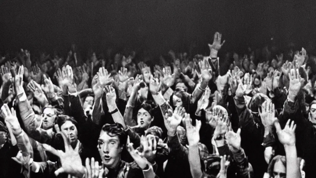 Image similar to movie still of a crowd waving hands, cinematic composition, cinematic light, by edgar wright and david lynch