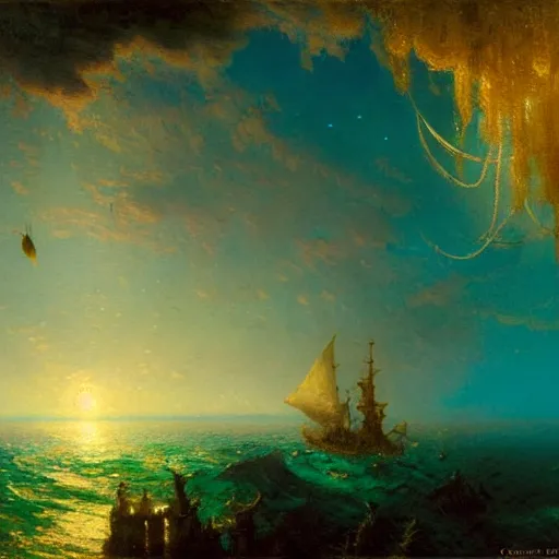 Image similar to point of view of deep in the ocean looking up, you see fishes, higher up you see very clearly the milk way illuminating the sea down bellow, night time. highly detailed painting by gaston bussiere, greg rutkowski 8 k