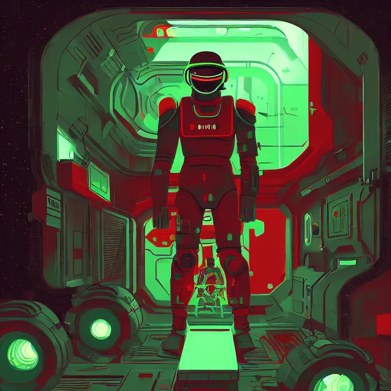 Image similar to A soldier wearing red armor with green lights, high-tech red armor, green visor, green lights, sci-fi soldier, inside a space station, dark space station, dark moods, art by James Gilleard, James Gilleard artwork, vintage