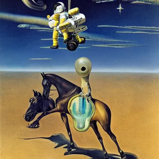 Image similar to a horse riding an astronaut, style of surrealism, salvador dali