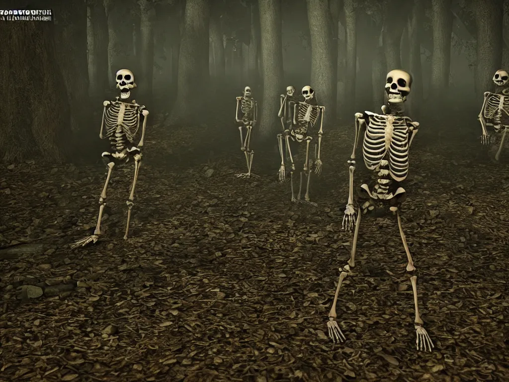 Image similar to frightened screaming human skeletons on amateur home video being attacked by raccoons at night in a dark forest at night, photorealistic amateur photography low camera angle, unreal engine 5 render