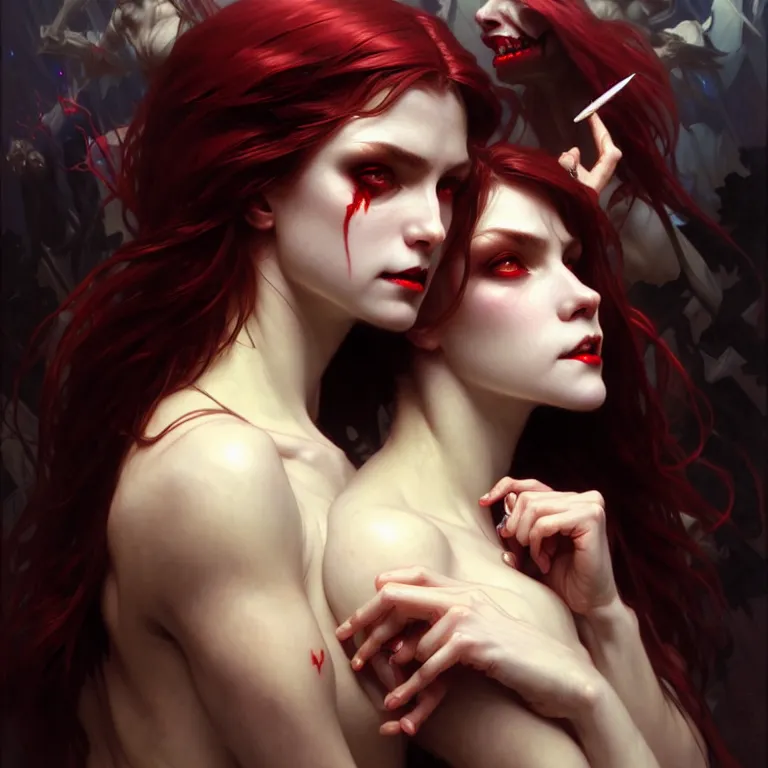 Prompt: vampire demon, painting, good against evil, highly detailed, digital painting, smooth, beautiful angle, weak demon, sharp focus, illusion, ultra - realistic, 8 k, strong and powerful confident angle artgerm, greg rutkowski and alphonse mucha