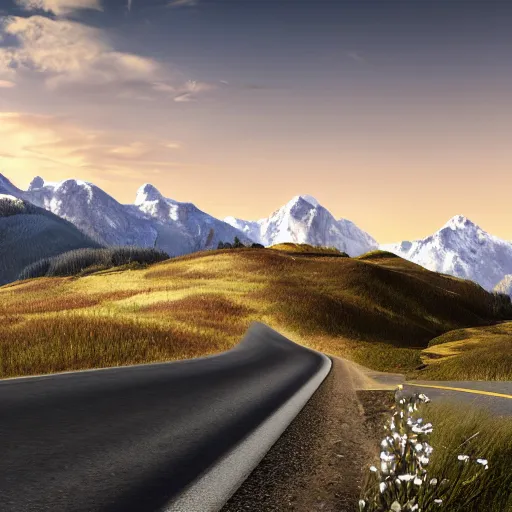 Image similar to montana alpine landscape with windy road and modern homes designed by charles haertling scattered on the mountainsides, photo realism, dramatic lighting, from a dream, high quality digital art, unreal engine
