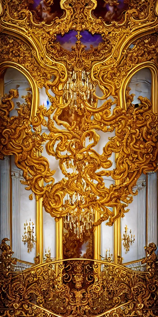 Prompt: the source of future growth dramatic, elaborate emotive Baroque and Rococo styles to emphasise beauty as a transcendental, seamless pattern, symmetrical, large motifs, rainbow liquid splashing and flowing, Queen Catherine's palace, St. Petersberg, Amber room 8k image, supersharp, spirals and swirls in rococo style, medallions, iridescent black and rainbow colors with gold accents, perfect symmetry, High Definition, sci-fi, Octane render in Maya and Houdini, light, shadows, reflections, photorealistic, masterpiece, smooth gradients, high contrast, 3D, no blur, sharp focus, photorealistic, insanely detailed and intricate, cinematic lighting, Octane render, epic scene, 8K