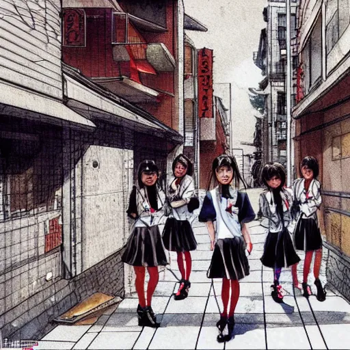 Image similar to a perfect, realistic professional digital sketch of a Japanese schoolgirls posing in a postcyberpunk alleyway, style of Marvel, full length, by pen and watercolor, by a professional American senior artist on ArtStation, a high-quality hollywood-style sketch, on high-quality paper