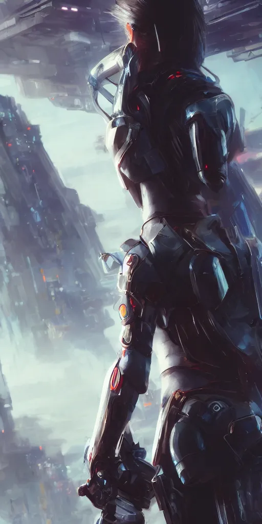 Image similar to back shot of a beautiful girl in sci - fi armour gazing back, holding two swords. by wlop. artstation contest winner, cinematic paint. lower shot. dramatic cloud and ruined city in background. cyberpunk