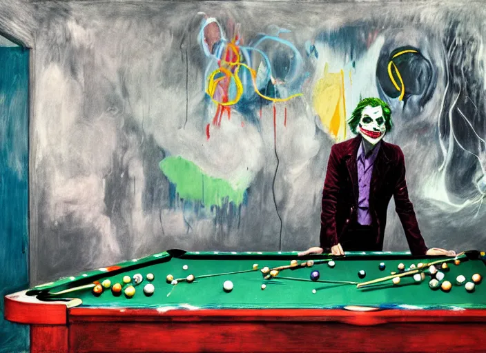 Image similar to the joker playing pool, vincent lefevre and hernan bas and pat steir and peter doig and hilma af klint, psychological, photorealistic, dripping paint, washy brush, rendered in octane, altermodern, masterpiece