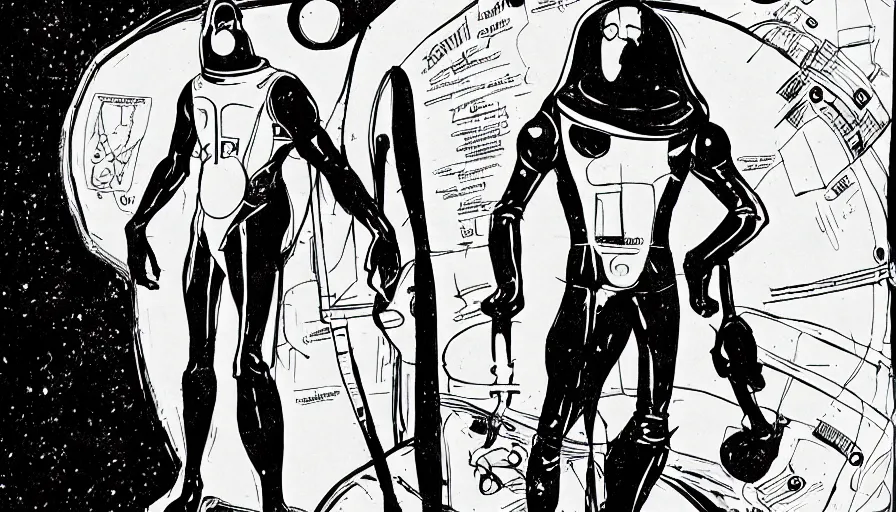 Image similar to male, elongated figure, space suit, science fiction, sketch, character sheet, very stylized, upa style, digital art, illustration, pen and ink, by mike mignola, by alex maleev