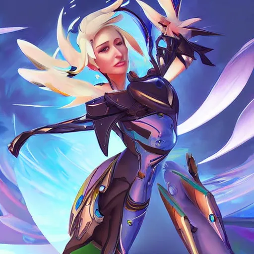Prompt: mercy ( overwatch ), digital art by android jones and mad dog jones