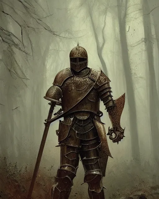 Image similar to Hyper realistic painting of a knight in full plate armor that has completely turned to rust, hyper detailed, surrounded by a dark forest, fog, moody, creepy, cinematic lighting, by greg rutkowski, trending on artstation