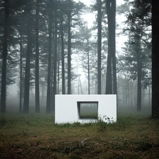 Prompt: photograph of a white concrete cube sitting in the middle of a forest clearing, foggy, liminal