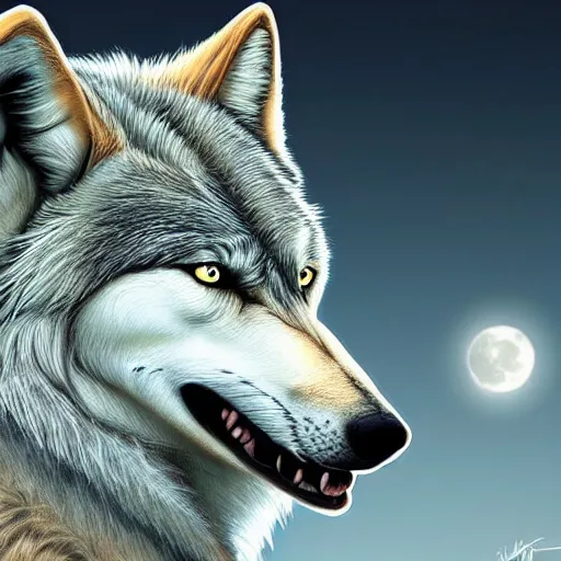 Image similar to close up portrait of a howling wolf in front of the full big moon, fantasy digital art, high definition, 8k, high details, high quality, golden and silver colors, glowing lights in the background