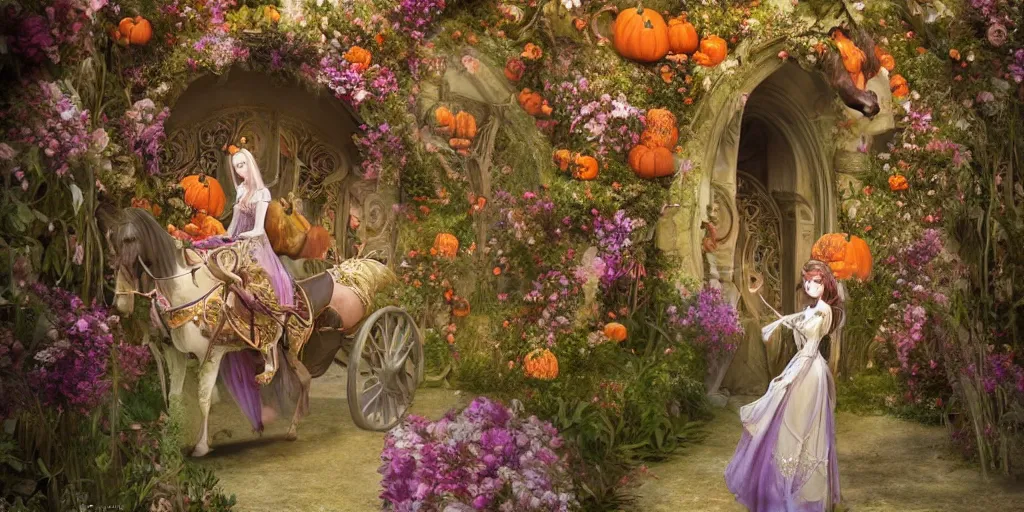 Prompt: fairytale princess entering the gates of her majestic palace of flowers , with horse driven , carriage made of pumpkins , epic scene unreal render depth of focus blur hyperrealistic detail Star Wars mucha Alice Tim burton fantasy art behance