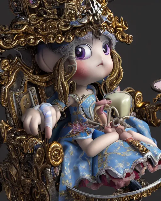 Prompt: highly detailed closeup, face profile portrait of a tin toy fumo plush anime goth fairytale princess wearing a crown and sitting on a throne, bikini, depth of field, nicoletta ceccoli, mark ryden, lostfish, dan decarlo, bob clampett, max fleischer, detailed and intricate environment, 8 k resolution, hyperrealistic, octane render