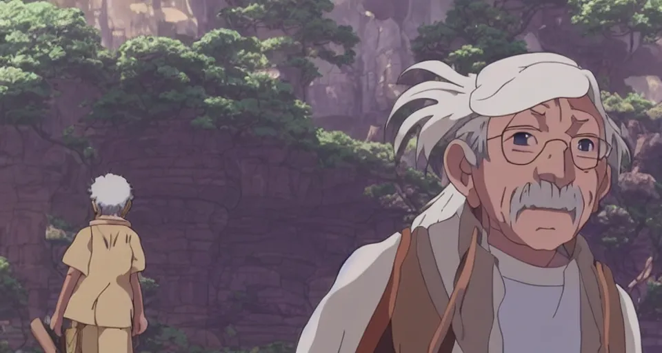 Prompt: anime grandpa on a fantasy adventure in the anime film by studio ghibli, armor, screenshot from the film by makoto shinkai