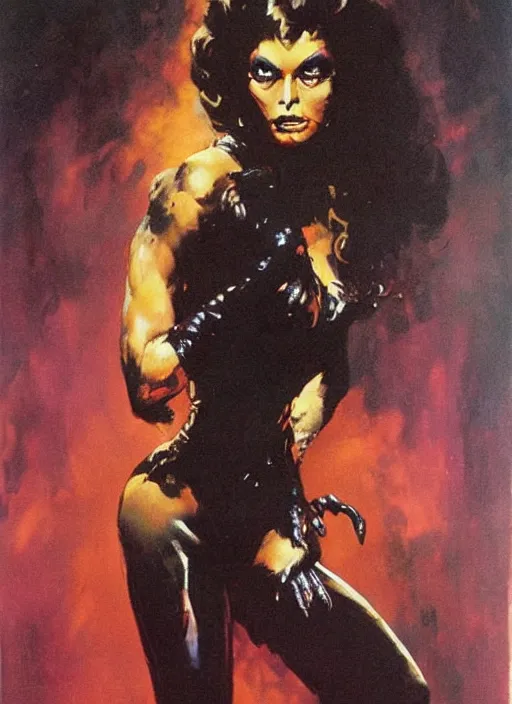 Image similar to seventies horror actress, sequin top, dark night, strong line, deep color, beautiful! coherent! by brom, by frank frazetta,