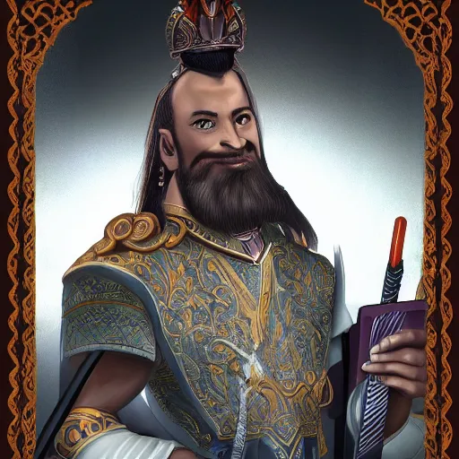 Prompt: a photo of tai smart and handsome warlord who sits on the throne. he looks forward and think of writing something on his tablet in his hand. he is smiling with his ideas and look to the camera that is right in front of him. lighting dim