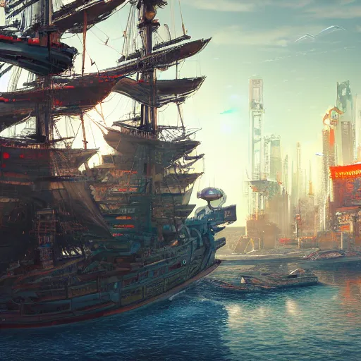 Image similar to high quality photo of a pirate ship in a cyberpunk cyberpunk cyberpunk city, realism, 8k, award winning photo