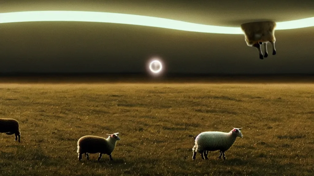 Image similar to sheep in a field being abducted by a ufo!, film still from the movie directed by directed by denis villeneuve