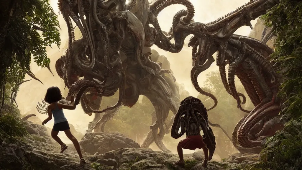 Prompt: Dora the explorer fighting Xenomorph, by Moebius and Giger, greg rutkowski, very coherent, cinematic, hyper realism, high detail, vivid colors, octane render, unreal engine, 8k, Smooth gradients, High contrast, depth of field by Jacek Yerka