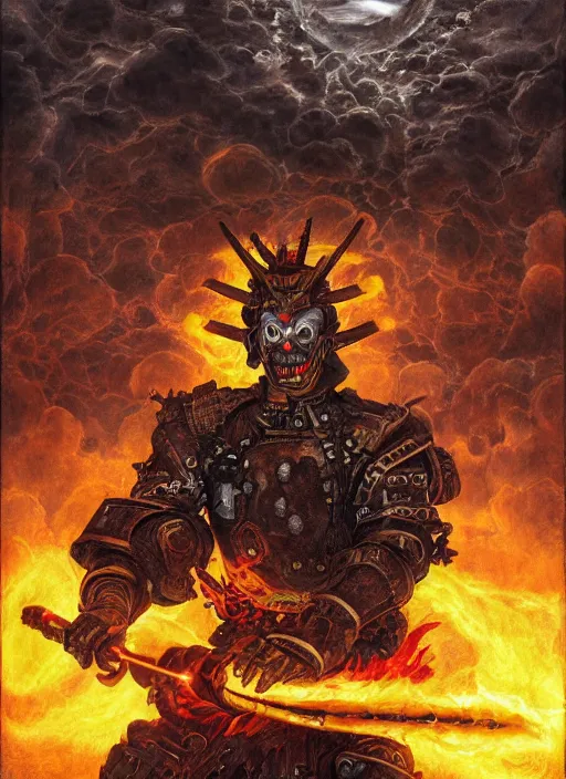 Prompt: portrait of a diabolical cyborg clown samurai fires a flamethrougher, wearing burning torn cape, dynamic pose, glowing eyes, ancient ruins, glowing veins subsurface scattering, in clouds, sunset, portrait, by gerald brom, by mikhail vrubel, by peter elson, muted colors, extreme detail, reflections, trending on artstation, 8 k