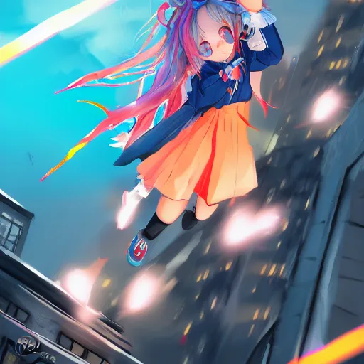 Prompt: Splash art Anime loli, blond hair with pigtails, blue coat, and black shorts, she flies by using blue neon powers through the city. Cinematic sunset, faint orange light. Amazing piece Trending on Artstation