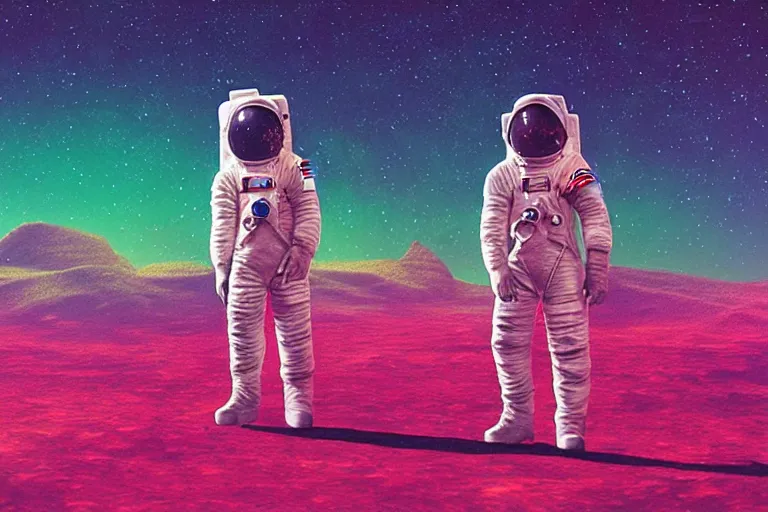 Image similar to an astronaut standing on mars in the style of flooko, acrylic art, detailed, moonlight, red lighting, bokeh, synthwave, psychedelic, glitch, neon,