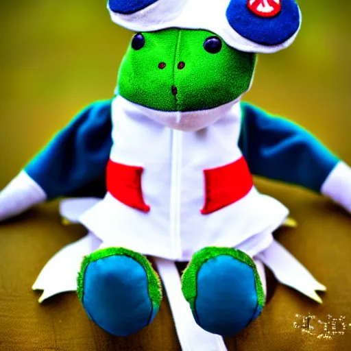 Image similar to stuffed animal frog wearing a sailor suit, plushie photography,