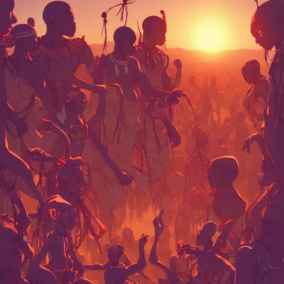 Prompt: a comic book style illustration of an african tribal festival by moebius and makoto shinkai and rossdraws, featured on artstation, pixiv, volumetric lighting, 8 k, highly detailed render, octane render, unreal engine, soft glow, crisp lines, f 1 1, sharp focus,