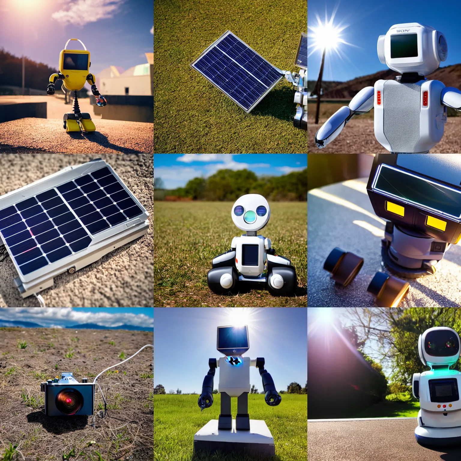 Prompt: happy solar powered robot enjoying the sunlight, sony ultra camera, hd dslr 8k+