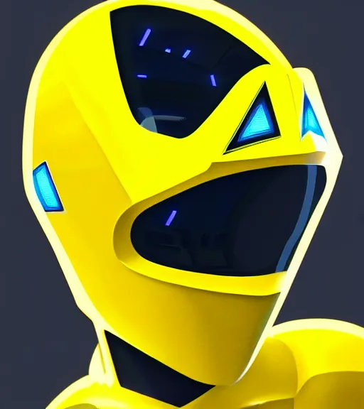 Image similar to symmetry!! yellow ranger, lightning - bolt - shaped helmet!!, hard edges, product render retro - futuristic poster scifi, lasers and neon circuits, yellow ranger, thunder, lightning element, intricate, elegant, highly detailed, digital painting, artstation, concept art, smooth, sharp focus, illustration, dreamlike, art by artgerm