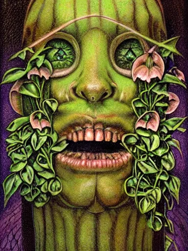 Image similar to The Hanging-Gardens of Pareidolia, lobelia, ivy, verbena and pothos growing facial features and optical-illusions, aesthetic!!!!!!!!!!, by Gerald Brom in the style of Johfra Bosschart in the style of,