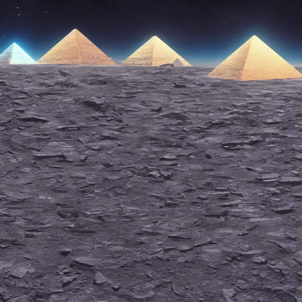 Prompt: A beautiful painting of A Pyramid on the Moon In style of Steve R. Dodd,highly realistic, hyper detailed,cinematic,4k,digital art,unreal engine 5,Retro Futurism Art,Trending on artstation