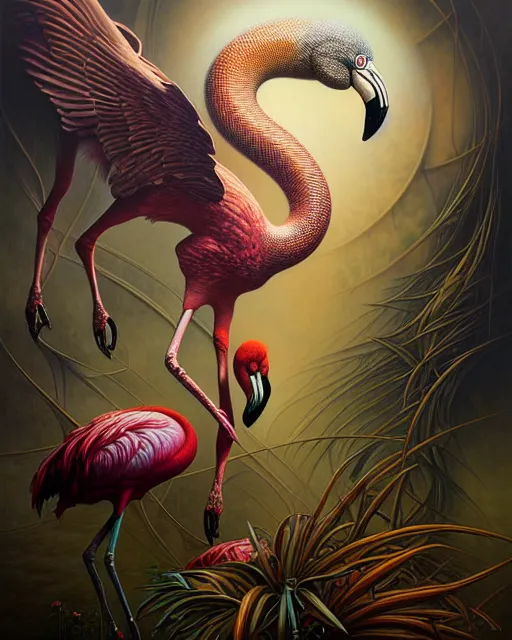 Image similar to a detailed portrait of dreampunk flamingo python hybrid mix by tomasz alen kopera and peter mohrbacher