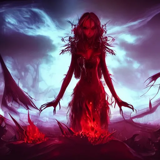 Prompt: bloody vampire princess summons burning demon serious colorful gothic ceremony 4 k high definition soft diffuse lighting artstation trending path traced contrast light and dark colorful bokeh massive scale cinematic breathtaking lovecraftian horror nightmare apocalypse cataclysm in the style of elden ring