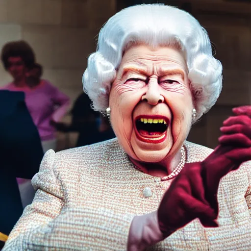 Prompt: elderly woman screaming at queen elizabeth ii as a 1 9 8 0 s wrestling action figure, canon eos r 3, f / 1. 4, iso 2 0 0, 1 / 1 6 0 s, 8 k, raw, unedited, symmetrical balance, wide angle