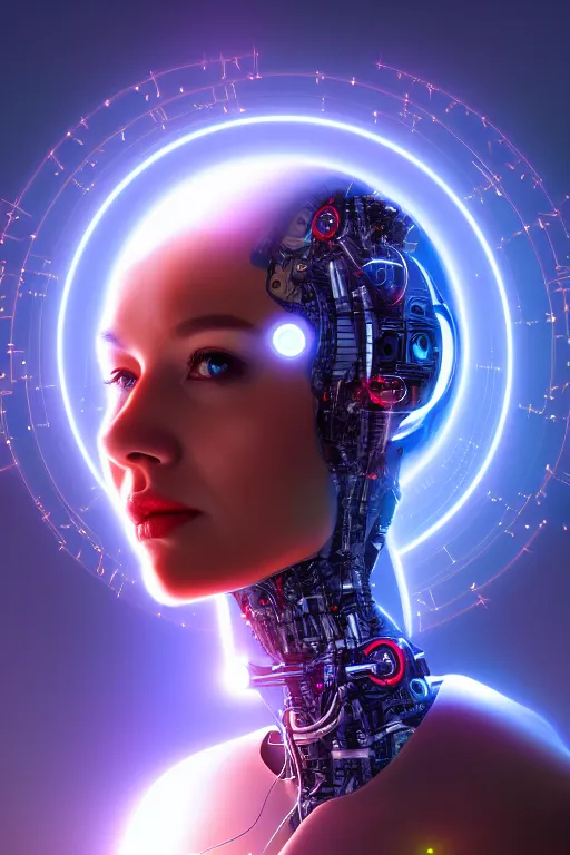 Image similar to portrait of the goddess of artificial intelligence as a half robotic beautiful girl, in front of a shining orb of data, threads of light in the background, detailed eyes, extremely high quality artwork, very detailed, trending on artstation