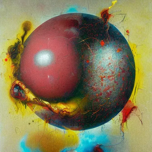 Image similar to a sphere being devoured by abstract splatters of paint in the style of francis bacon, james jean, surreal, beksinski, high detailed